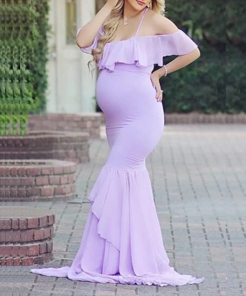 G347, Lavender Ruffled Mermaid Maternity Shoot Gown, Size (All)pp
