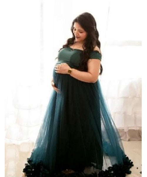 G822, Bottle Green Ruffled Maternity Shoot  Gown, Size (All)