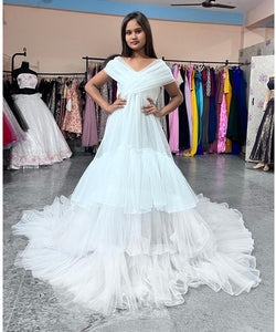 W55, White Ruffled Pre Wedding Shoot Gown, Size (All)