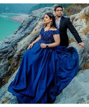Load image into Gallery viewer, G132 (4), Navy Blue Satin Off Shoulder Trail Ball gown, Size (XS-30 to XL-40)