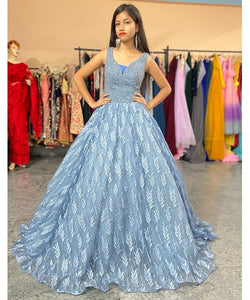 G735, Blueish Grey Feather Pre Wedding Ball Gown, Size (XS-30 to L-38)