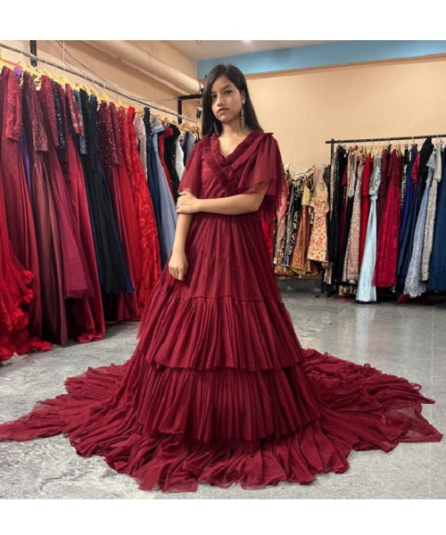 G455, Dark Wine Ruffled Pre Wedding Shoot  Gown, Size (All)pp