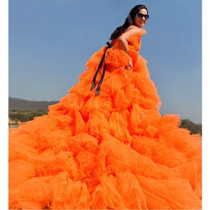 G740 (2), Luxury Orange Infinity Frill Maternity Long Trail  Gown, Size (All)