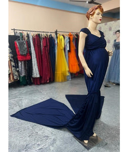 G345, Navy Blue Maternity Shoot Baby Shower Trail Lycra Body Fit Gown, Size (All)