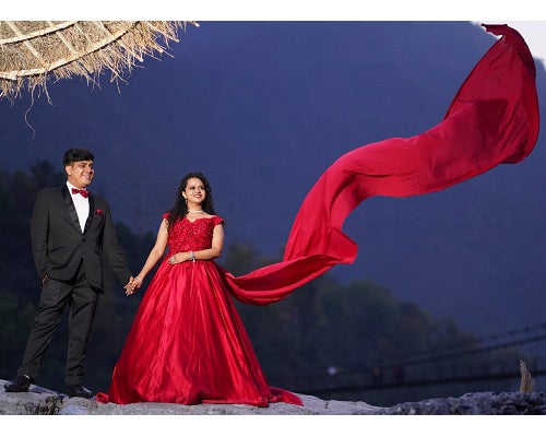 Silk Satin Red Pre Wedding Long Tail Gown Size Free Size