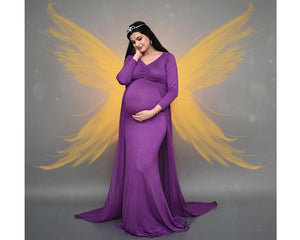 G41 (6), Purple Maternity Shoot Trail Baby Shower Lycra Body Fit Gown, All Size