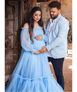 G955 (2), Blue Slit Cut Ruffled Maternity Shoot  Gown, Size (All)