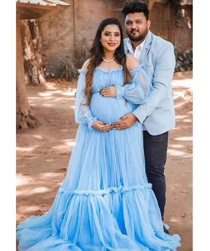 G955 (2), Blue Slit Cut Ruffled Maternity Shoot  Gown, Size (All)