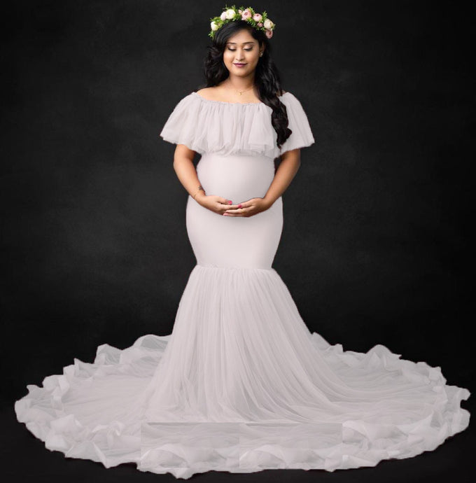 W608, White Maternity Shoot Baby Shower Trail Gown, Size (All)pp