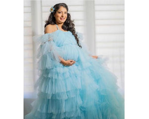 G542, Ice Blue Ruffled Maternity Shoot  Gown, Size (All))pp