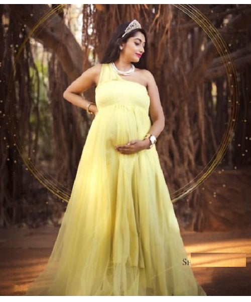 G19, Lemon Yellow One Shoulder Maternity Flair Gown, Size (All)pp