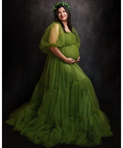 G954, Kiwi Green Ruffled Maternity Shoot  Gown, Size(All)pp