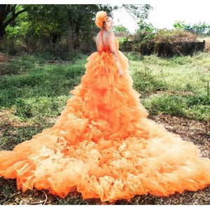 G740 (2), Luxury Orange Infinity Frill Pre Wedding Long Trail  Gown, Size (All)