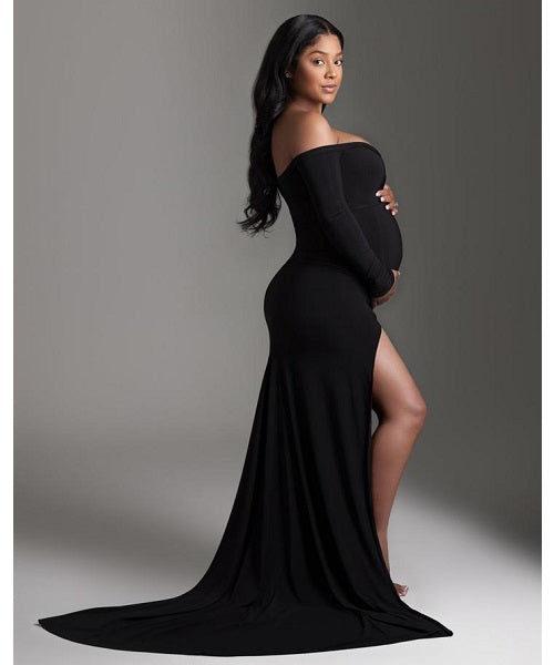 G106 (4), Black Slit Cut Maternity Shoot Trail Baby Shower Gown, Size(All)