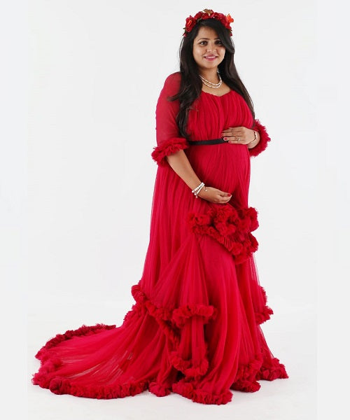 red maternity dress for baby shower G668, Red Puffy Maternity Shoot Baby Shower Trail Gown Size, (All) pp – Style Icon www.dressrent.in