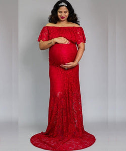 G408,  Wine Lace Os Maternity Shoot Trail Baby Shower Lycra Body Fit Gown, Size (All)