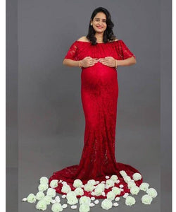 G408,  Wine Lace Os Maternity Shoot Trail Baby Shower Lycra Body Fit Gown, Size (All)
