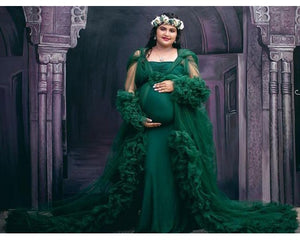G848 (2), Bottle Green Ruffled Maternity Shoot  Gown, Size (All)
