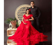Load image into Gallery viewer, G655, Red Wine Ruffled Prewedding Shoot Long Trail Gown, (All Sizes)
