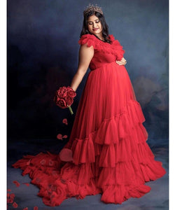 G655, Red Ruffled Maternity Shoot Trail Gown, (All Sizes)