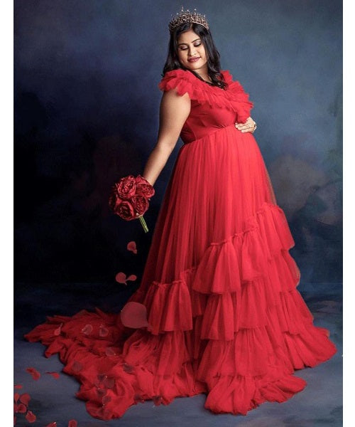G655, Red Wine Ruffled Prewedding Shoot Long Trail Gown, (All Sizes)