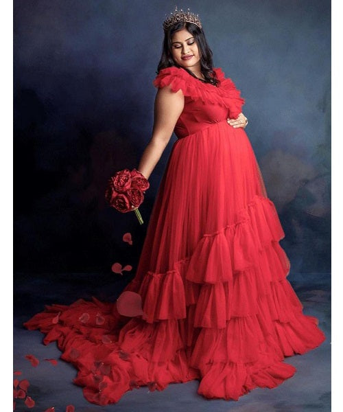 G655, Red Wine Ruffled Prewedding Shoot Long Trail Gown, (All Sizes)