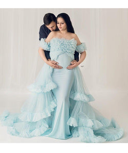 G325, Ice Blue Ruffled Maternity Shoot  Gown, Size (ALL)