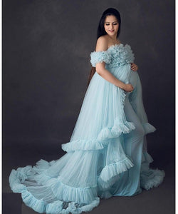 G325, Ice Blue Ruffled Maternity Shoot  Gown, Size (ALL)