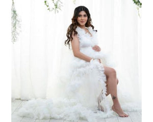 W355, White Ruffled Frill Photo Shoot Gown, Size (All)pp