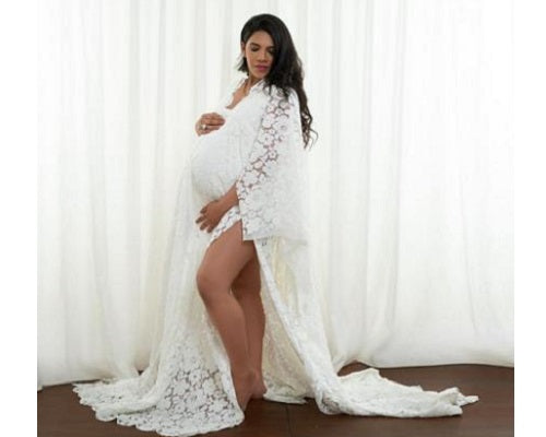 W408, White Lace Slit Cut Maternity Shoot Trail Baby Shower Gown With Inner, Size (All)pp