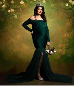 G821, Bottle Green Fish Cut Maternity Shoot Baby Shower Gown, Size (All)pp