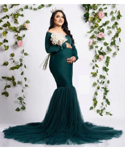 G821, Bottle Green Fish Cut Maternity Shoot Baby Shower Gown, Size (All)pp