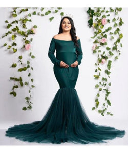 G821, Bottle Green Fish Cut Maternity Shoot Baby Shower Gown, Size (All)pp