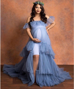 G452, Smooth Grey Ruffled Slit Cut Maternity Shoot Gown With Inner, Size (All)pp