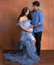 Load image into Gallery viewer, G452, Smooth Grey Ruffled Slit Cut Maternity Shoot Gown With Inner, Size (All)pp