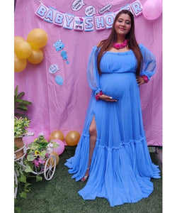 G955 (2), Blue Slit Cut Ruffled Maternity Shoot  Gown, Size (All)
