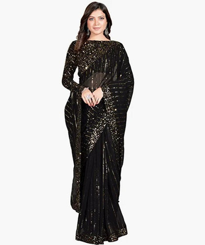 L207, Black Sequence Luxury Party Wear  Saree, Size (XS-30 to L-38)
