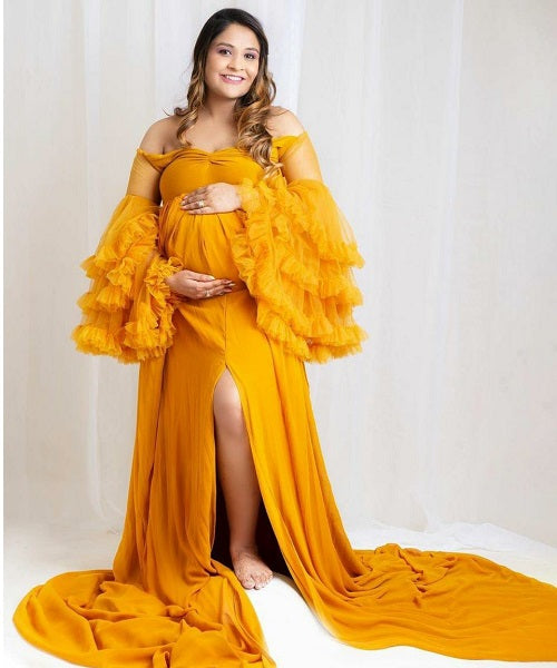 G742, Mustard Frilled Maternity Shoot Baby Shower Trail Gown, Size (All)pp