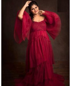 G442, Wine Ruffled Maternity Shoot Gown Size(All)pp