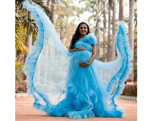 G125, Blue Ruffled Maternity Shoot  Gown, Size (All)pp
