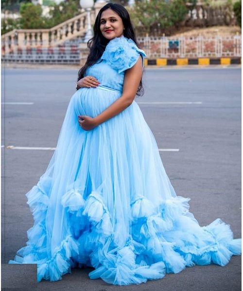 G125, Blue Ruffled Maternity Shoot  Gown, Size (All)pp