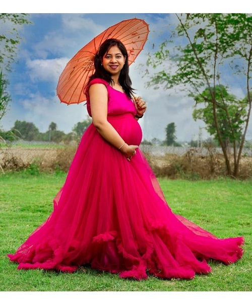 G868, Red Wine Frilled Maternity Shoot Baby Shower Trail Gown Size