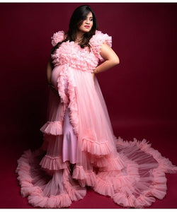 G525, Pink Ruffled Maternity Shoot  Gown, Size (All)