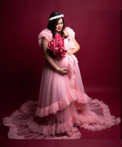G525, Pink Ruffled Maternity Shoot  Gown, Size (All)
