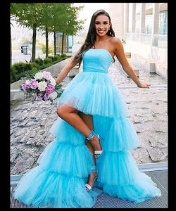 G140, Luxury Sky Blue Ruffle Long Trail Ball Gown,  Size - (All)