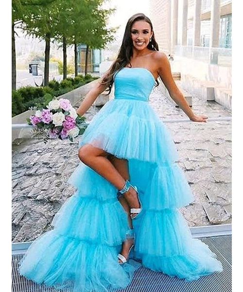 G140, Luxury Sky Blue Ruffle Long Trail Maternity Shoot Gown,  Size - (All)