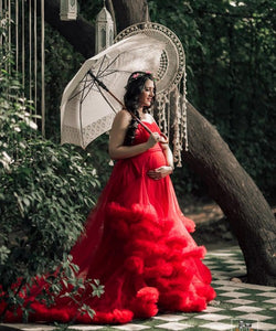 G768, Red Tube Ruffled Maternity Shoot Baby Shower Trail Gown Size, (All)