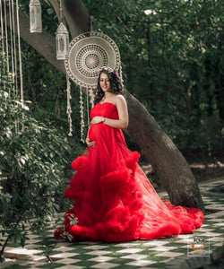 G768, Red Tube Ruffled Maternity Shoot Baby Shower Trail Gown Size, (All)