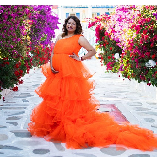 G740 (2), Luxury Orange Infinity Frill Maternity Long Trail  Gown, Size (All)