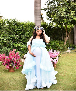 G325, Ice Blue Ruffled Maternity Shoot  Gown, Size (ALL)